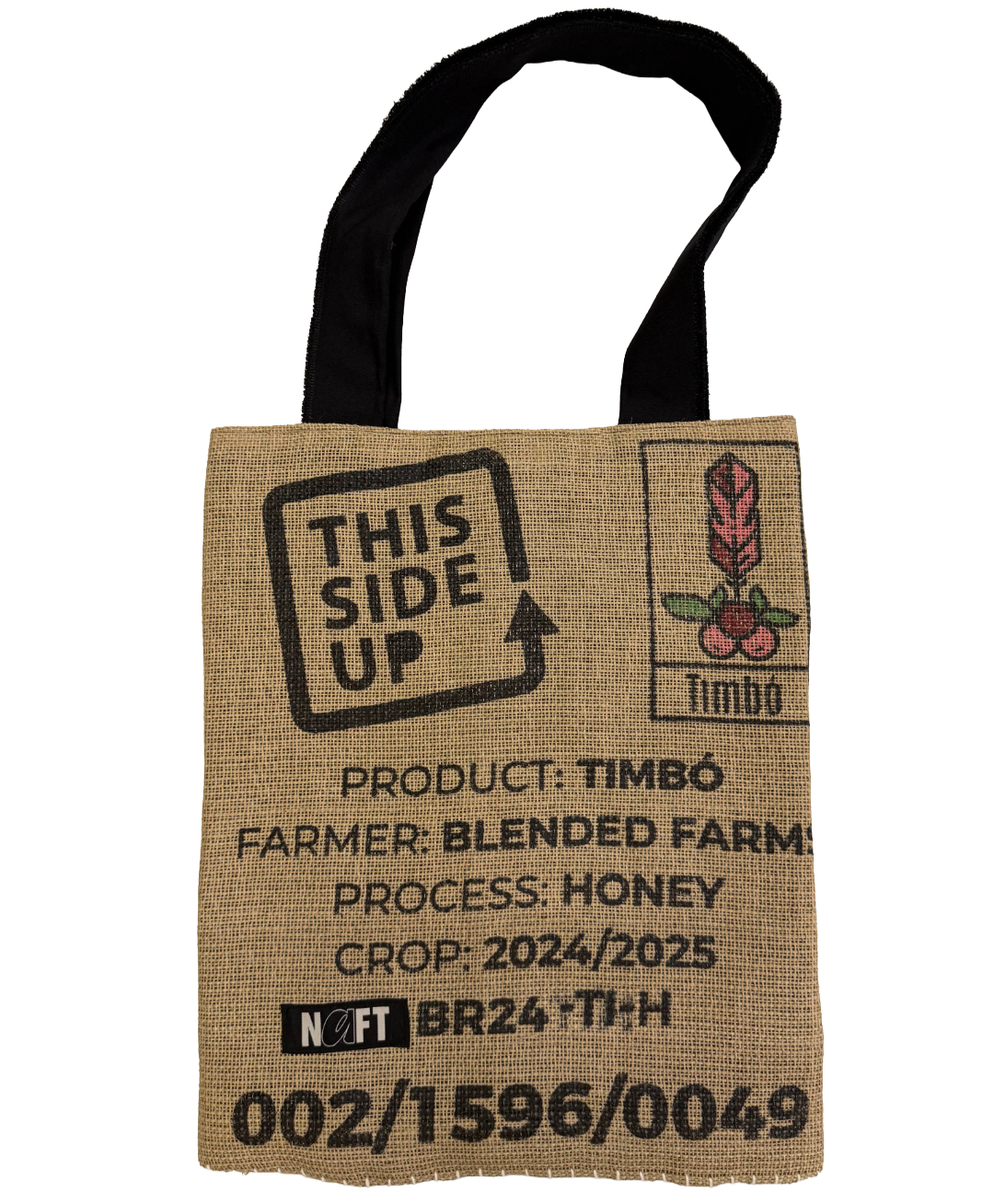 Jute bag with text and branding on a white background