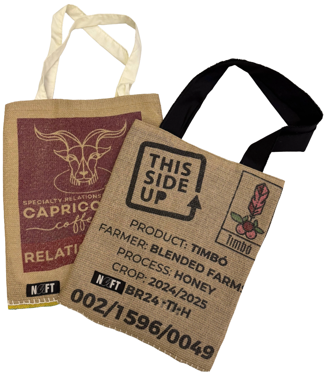 Two jute bags with text and branding on a white background