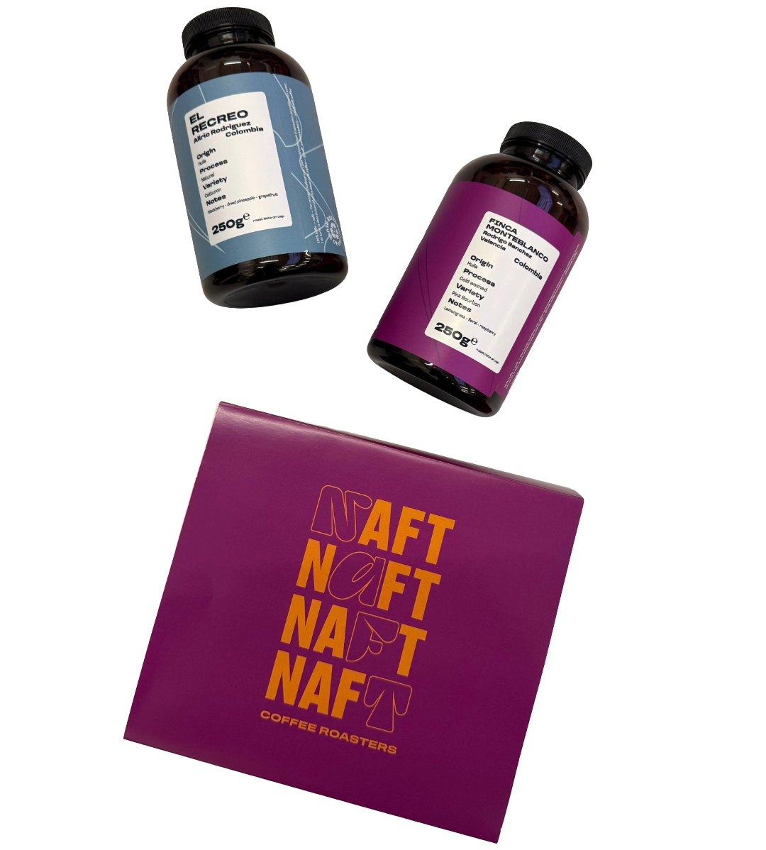 Two supplement bottles containing coffee and a purple box with 'NAFT' branding on a white background